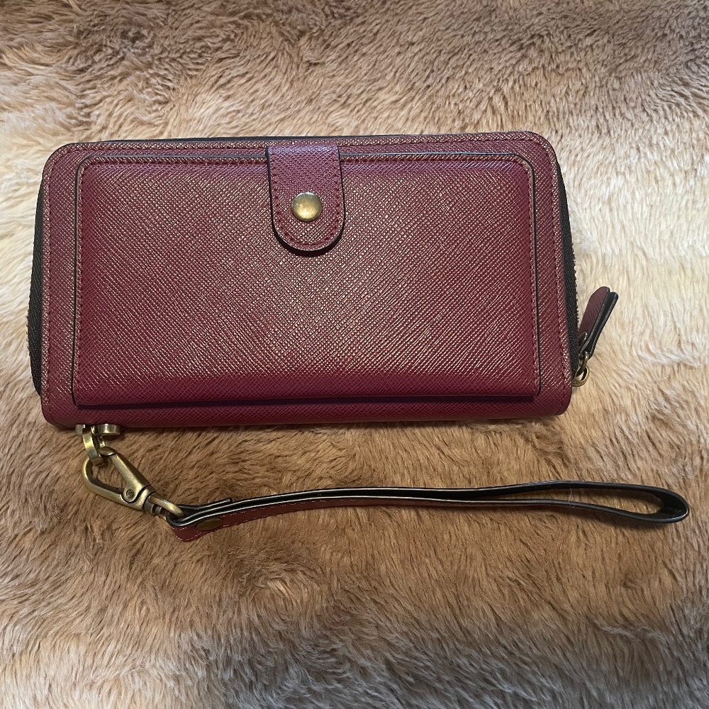 Maroon Faux Saffiano Leather Cell Phone Wristlet Wallet